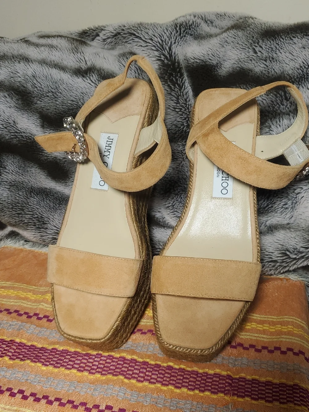 Jimmy Choo Suede Espadrille Wedge Sandals with Crystal Buckle Size 8